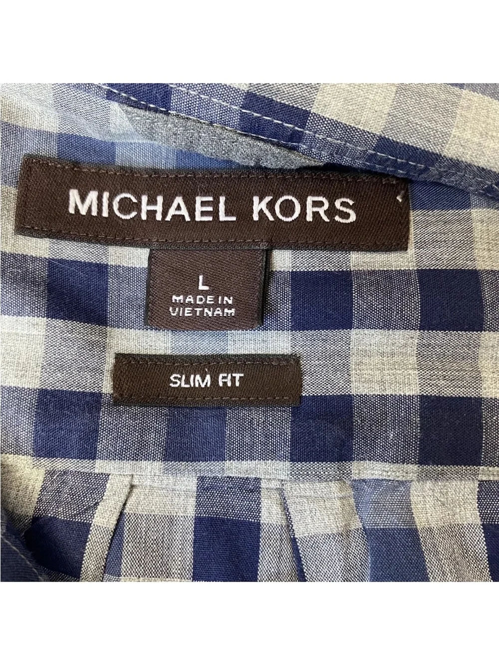 Michael Kors Blue Gray Plaid Button Front Shirt Slim Fit Mens Large
